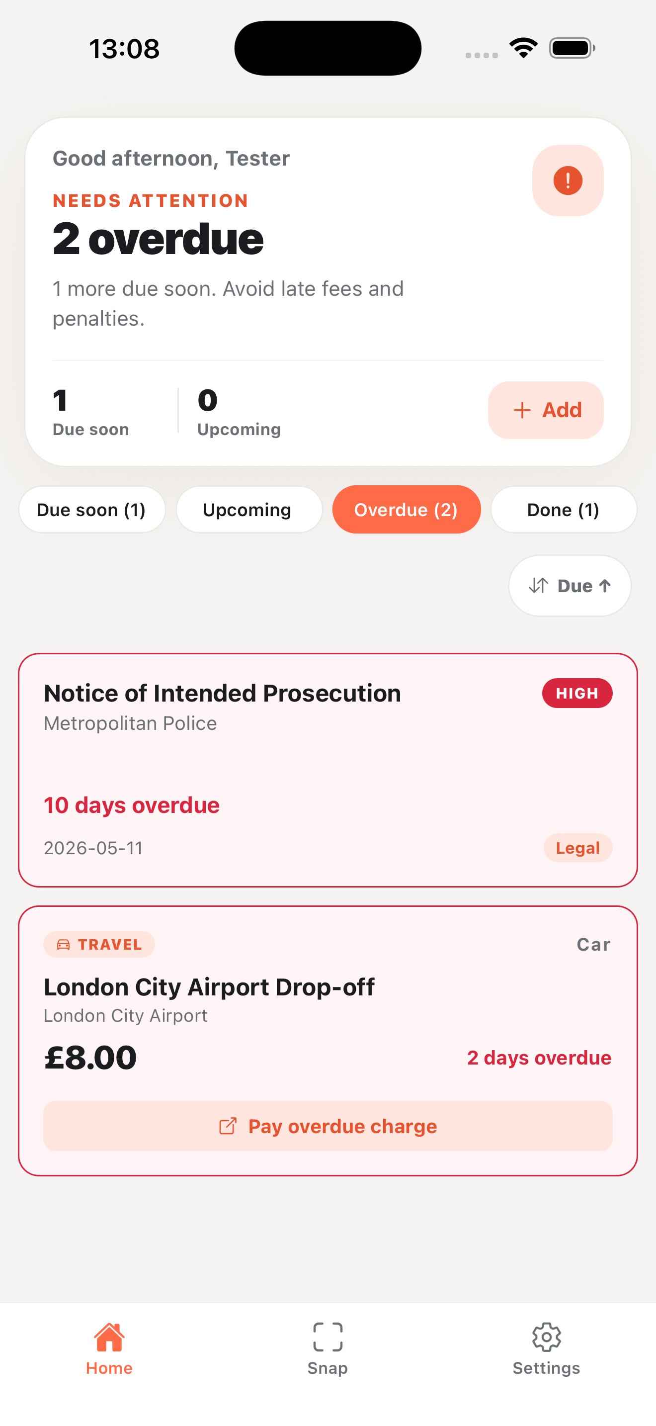 DueSnap dashboard showing two overdue charges