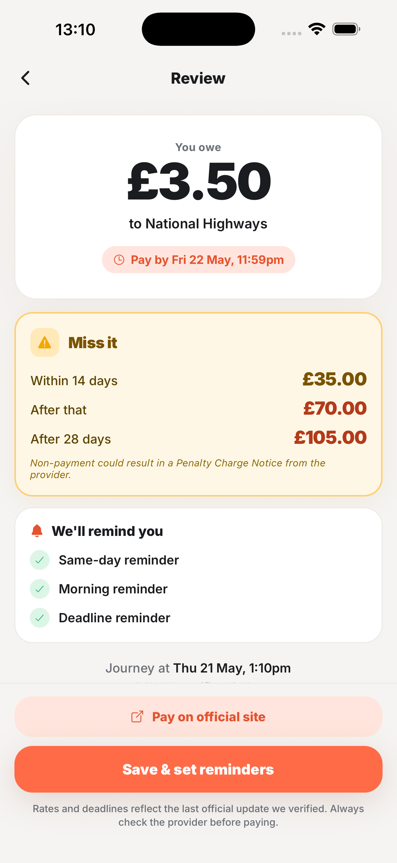 Dart Charge review screen showing £3.50 due and £35/£70/£105 penalty tiers