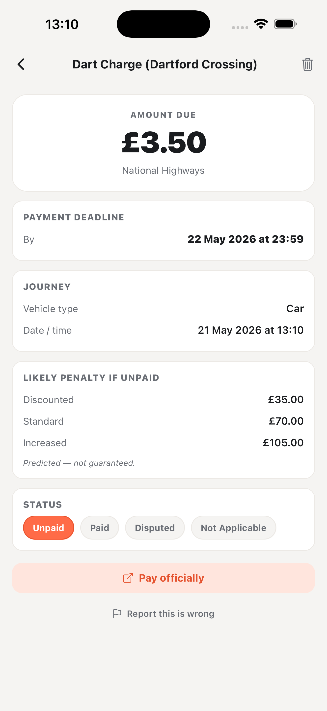 Saved Dart Charge detail with payment deadline, journey, penalties