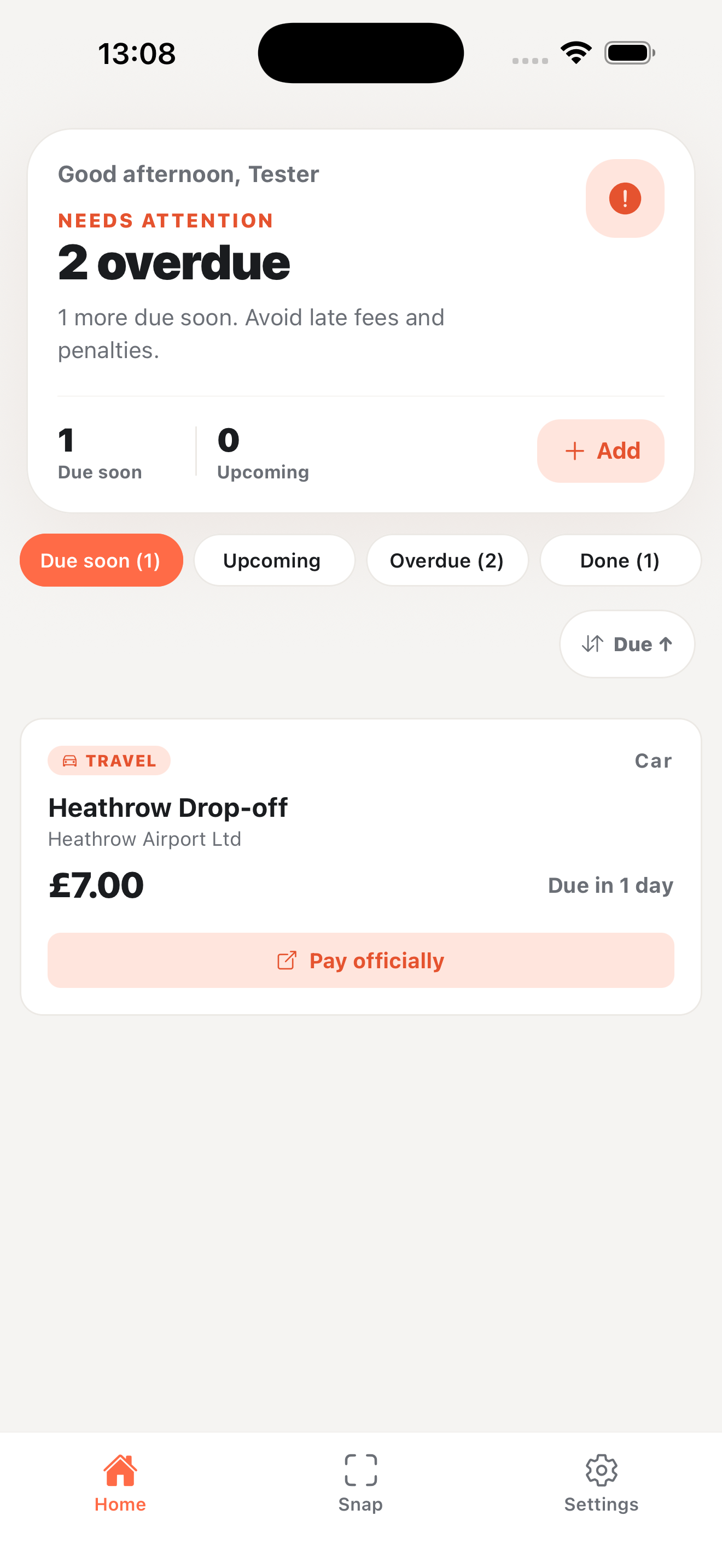 Heathrow drop-off due in one day