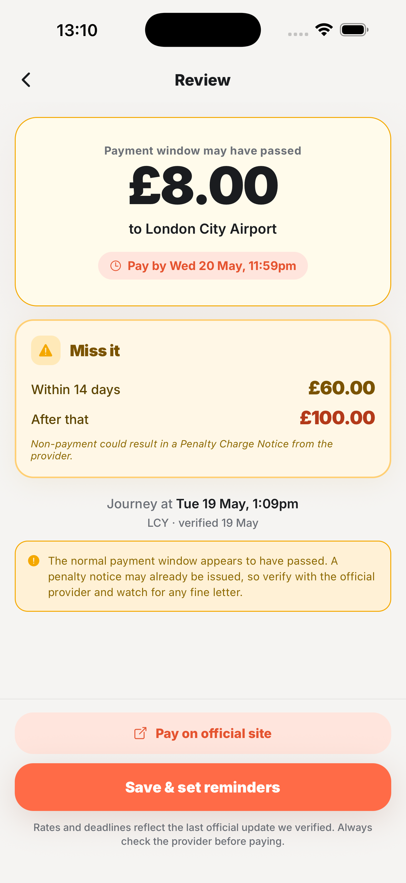 Overdue London City Airport charge with payment window passed warning